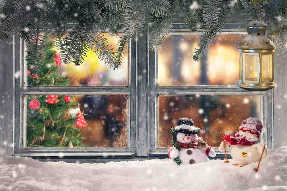 Senior Window With Snow Man And Pine Tree Branch For Christmas Holiday Backdrop Shopbackdrop