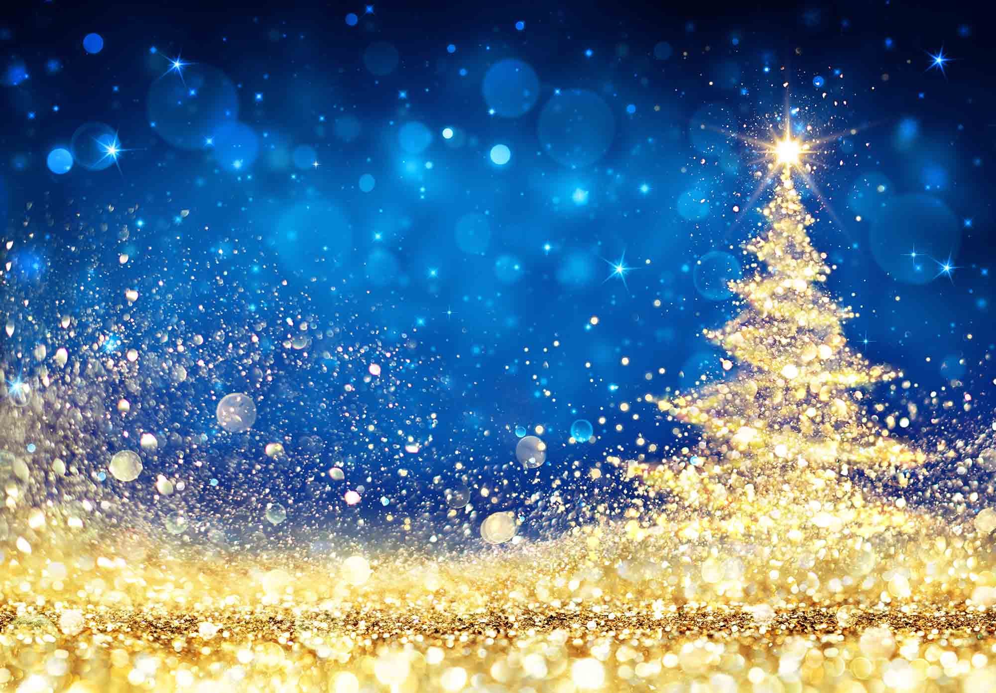 Shiny Christmas Tree - Golden Dust Glittering In The Blue Background Backdrop Shopbackdrop