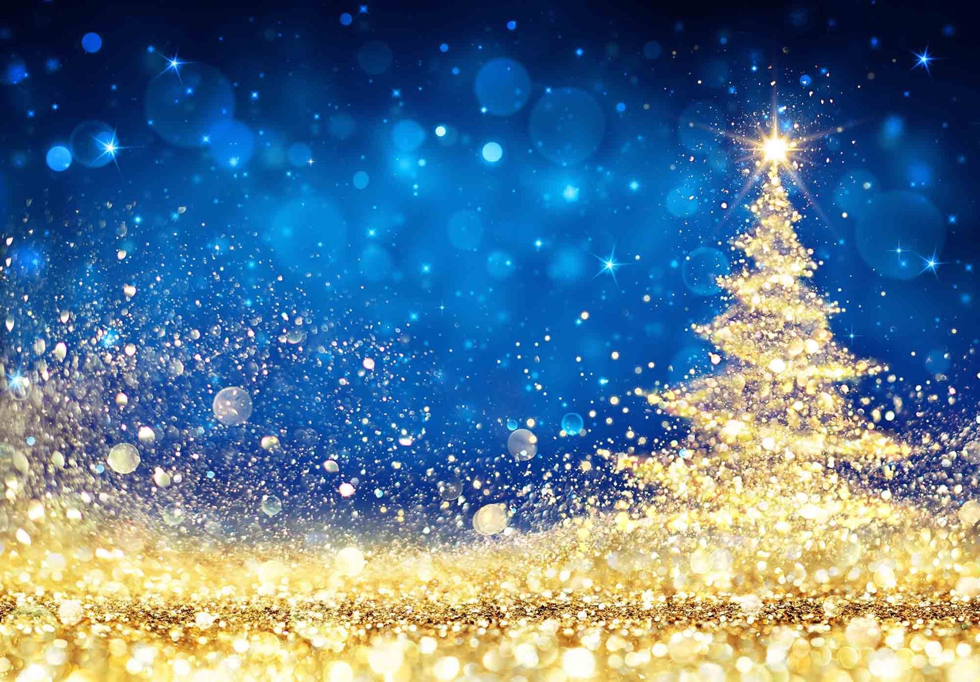 Shiny Christmas Tree - Golden Dust Glittering In The Blue Background Backdrop Shopbackdrop