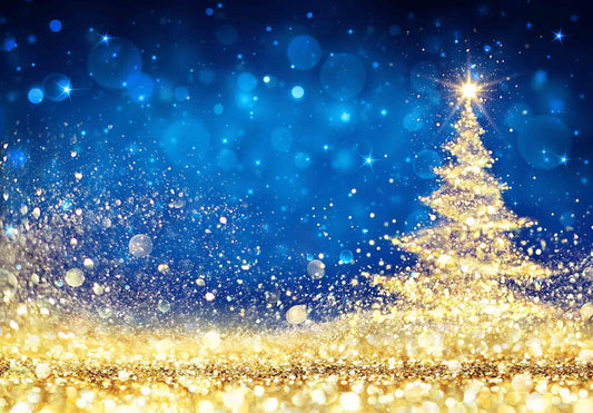 Shiny Christmas Tree - Golden Dust Glittering In The Blue Background Backdrop Shopbackdrop