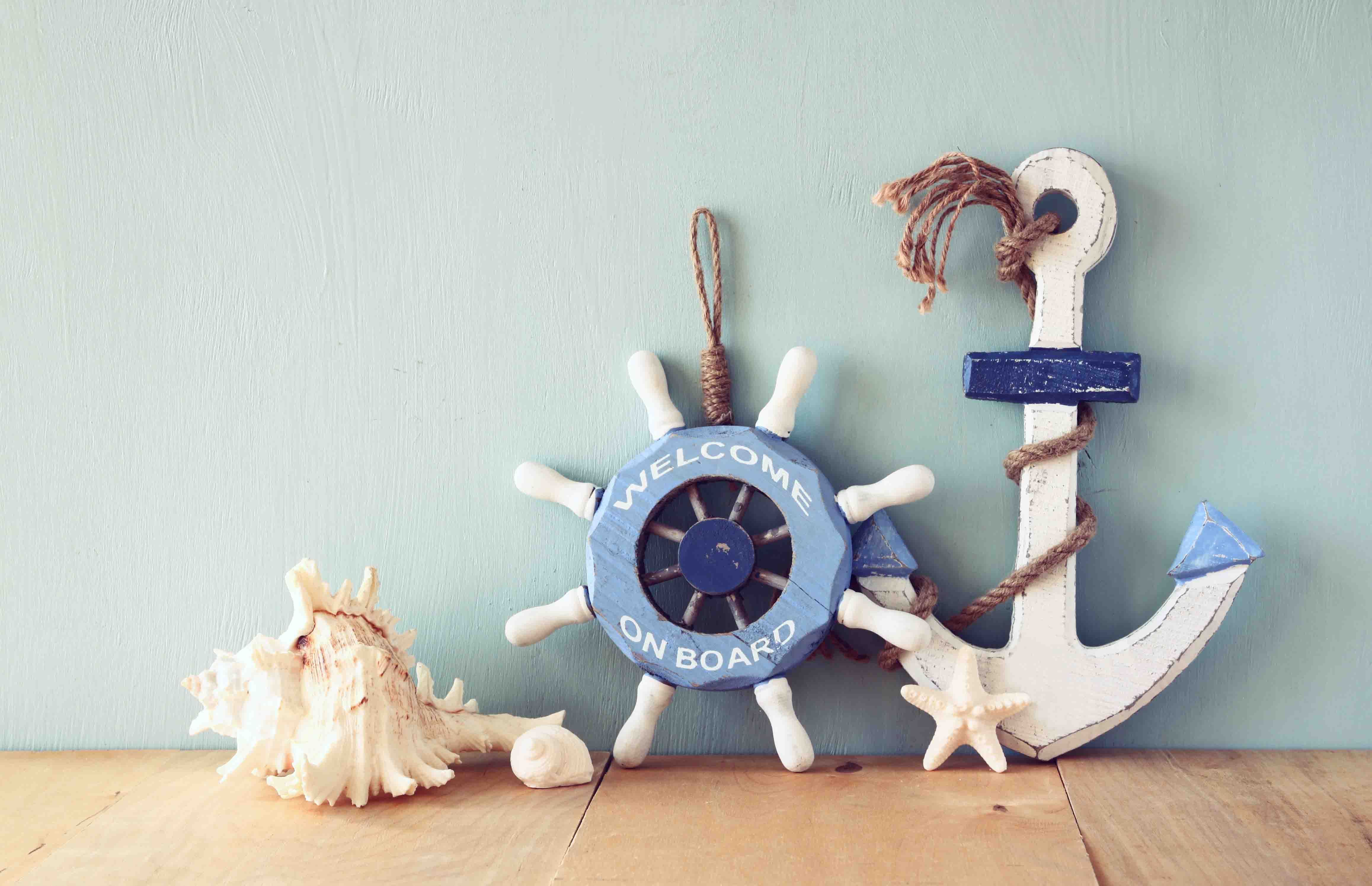 Large Rudder Strut Backdrop Solid Blue Background Anchor And Rudder On Wood Floor Backdrop ...