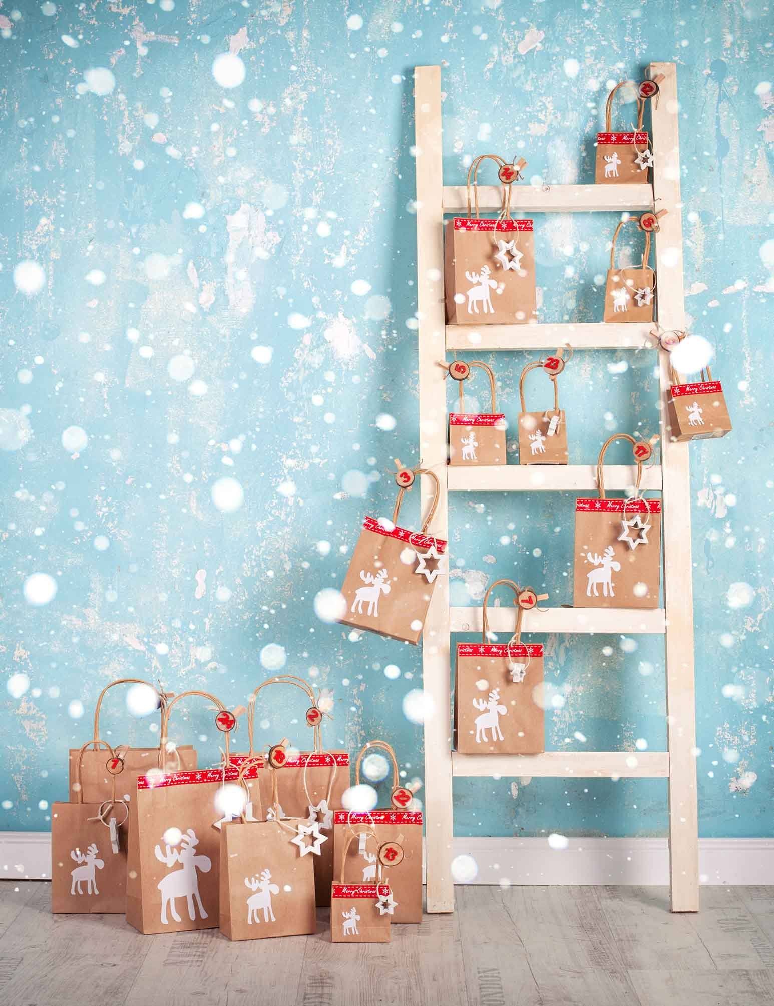 Stepladder Christmas Gifts With Snow Bokeh For Children Backdrop Shopbackdrop
