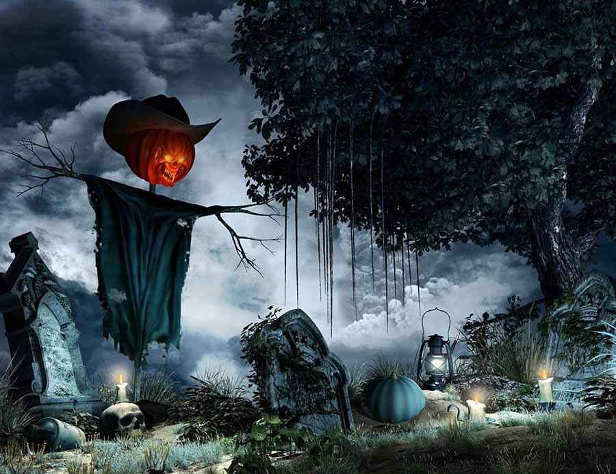 Tombstones Candles And Scarecrow For Halloween Photography Backdrop J-0535 Shopbackdrop