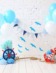White And Blue Balloon White Brick Wall With Floor Backdrop For Birthday Shopbackdrop