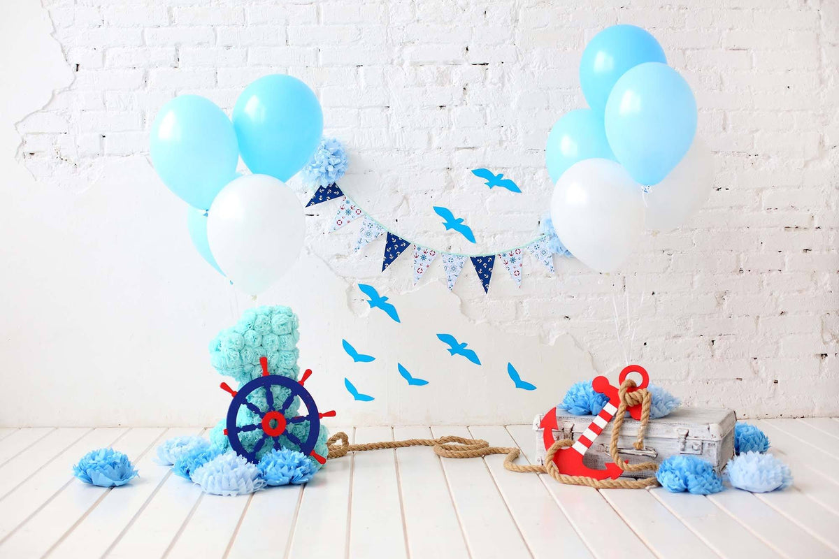 White And Blue Balloon White Brick Wall With Floor Backdrop For Birthday Shopbackdrop