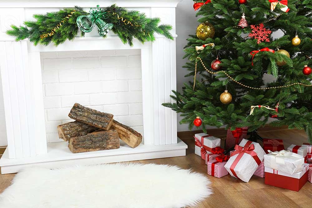 White Fireplace With Green Bell And White Wool Carpet For Christmas Holiday Backdrop Shopbackdrop