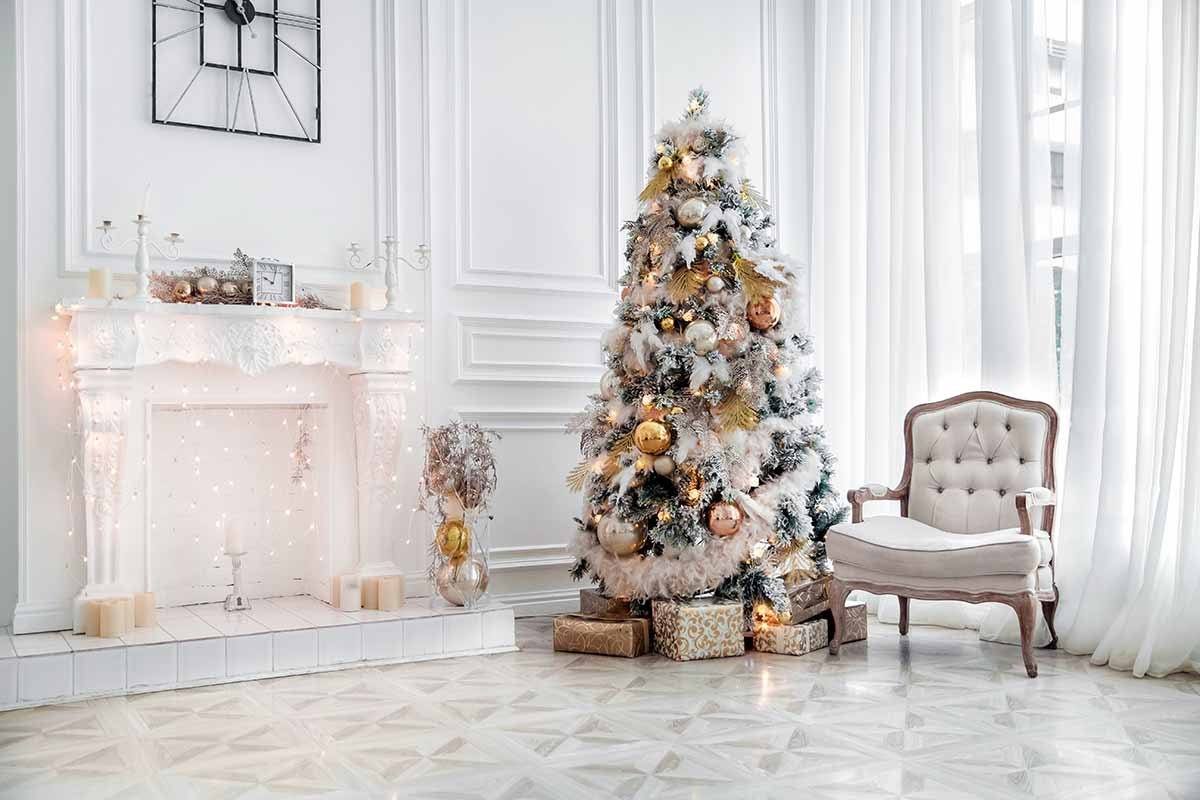 White Room With White Fireplace Christmas Tree For Holiday Photography Backdrop J-0091 Shopbackdrop