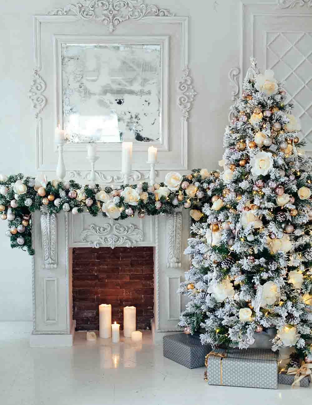 White Snow Cover Christmas Tree Aside Fireplace Backdrop For Holiday Photo Shopbackdrop