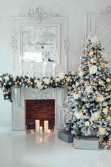White Snow Cover Christmas Tree Aside Fireplace Backdrop For Holiday Photo Shopbackdrop