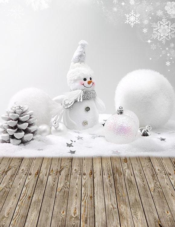 White Snow Men Snow Ball With Wood Floor Backdorp For Winter Photography lv-006 Shopbackdrop