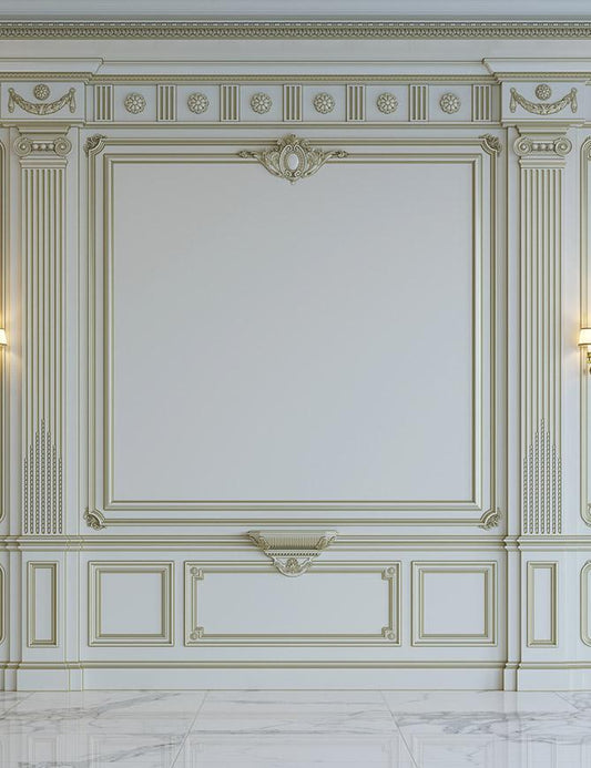 White Wall Panels In Classical Style With Gilding And Sconces Photography Backdrop J-0700 Shopbackdrop