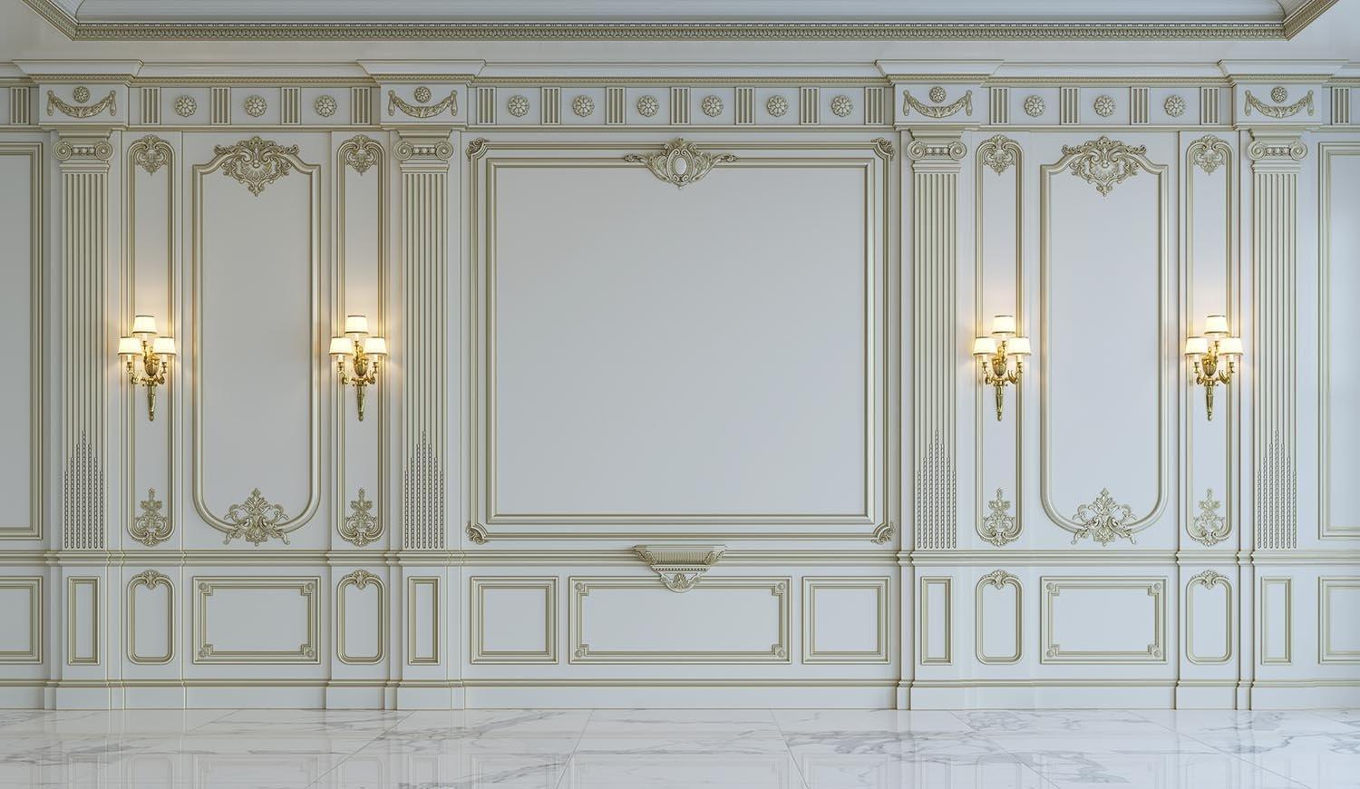 White Wall Panels In Classical Style With Gilding And Sconces Photography  Backdrop J-0700 - 5'WX4'H / Wrinkle Free Cloth