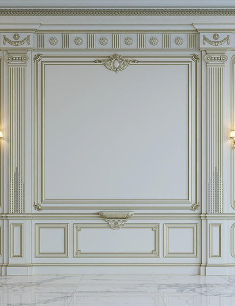 White Wall Panels In Classical Style With Gilding And Sconces Photography  Backdrop J-0700