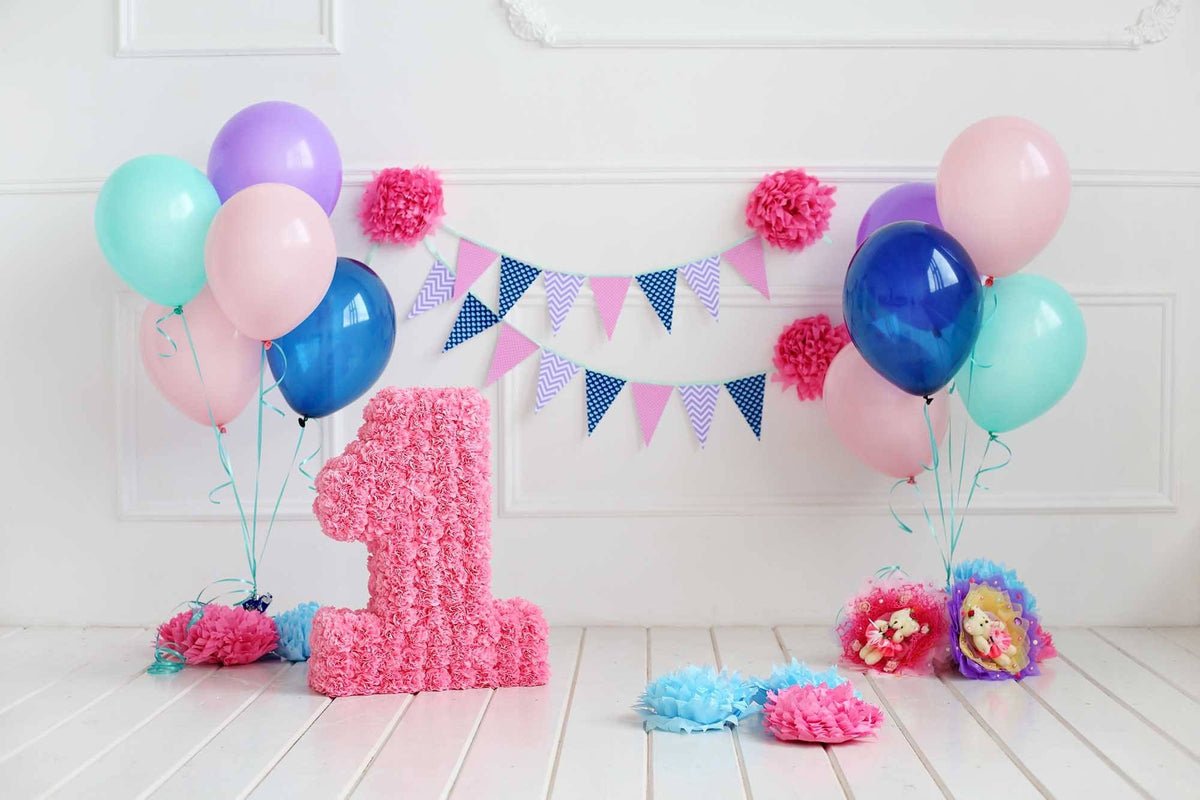 White Wall With White Wood Floor Colorful Balloons For One Birthday Photo Backdrop Shopbackdrop