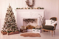 White Wood Wall With Christmas Tree And Chair Photography Backdrop Shopbackdrop