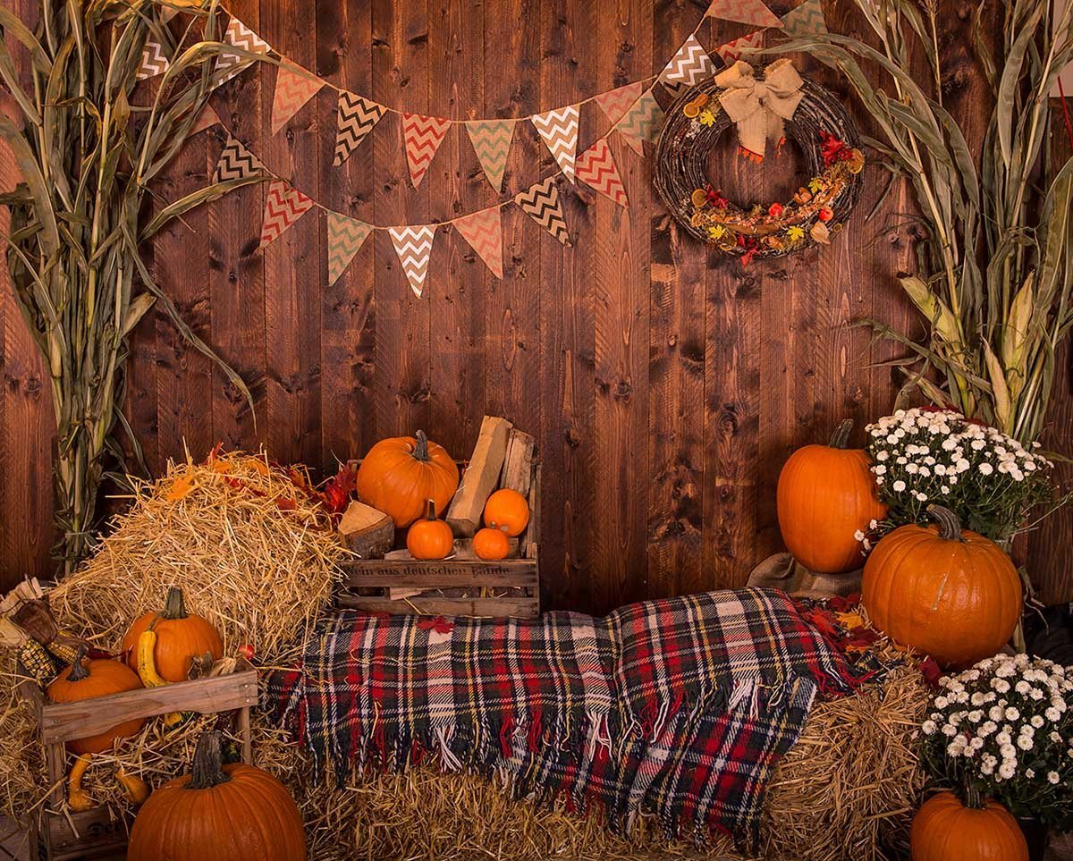 Wooden Wall With Pumpkins Haystack For Halloween Photography BackdropJ-0730 Shopbackdrop